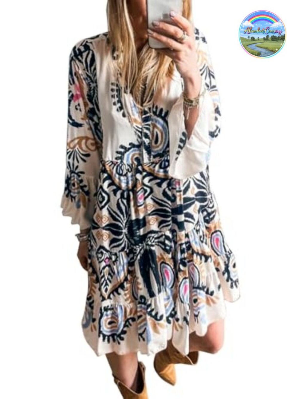Women's Boho Tribal Print Mini Dress V-Neck 3/4 Sleeve A-Line Ruffle Hem